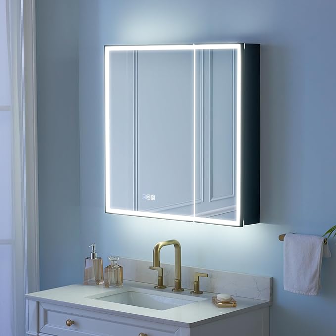 WELLFOR 30" X 30" LED Mirrored Medicine Cabinet, Medicine Cabinets with Lights for Bathroom, Defogging Function Mirror Cabinet, Bathroom Medicine Cabinet with USB Port & Outlet, Double Doors