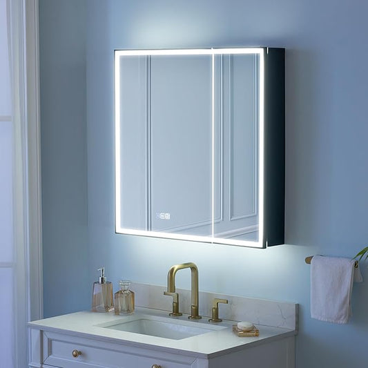 WELLFOR 30" X 30" LED Mirrored Medicine Cabinet, Medicine Cabinets with Lights for Bathroom, Defogging Function Mirror Cabinet, Bathroom Medicine Cabinet with USB Port & Outlet, Double Doors