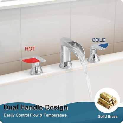 Chrome Deck Mount Tub Faucet 3 Hole, Brass Widespread Waterfall Bathtub Faucet 2 Handle 8-16 Ins Bath Tub Faucets Set High Flow Faucet for Bathtub