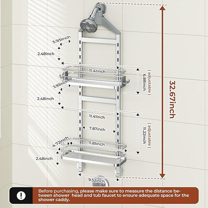 Orimade Aluminum Hanging Shower Caddy Over Head, Adjustable Bathroom Shelf with Hooks, Anti-Slip Rustproof Organizer Storage Rack Basket, Silver, 2 Tier