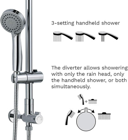 Fennocasa Polaris 1 Rain Shower System, includes 8” Rainfall Shower Head with High Pressure Handheld Combo, 3-Setting Handheld Spray, Height Adjustable Spray Holder, 60” Hose (Chrome)