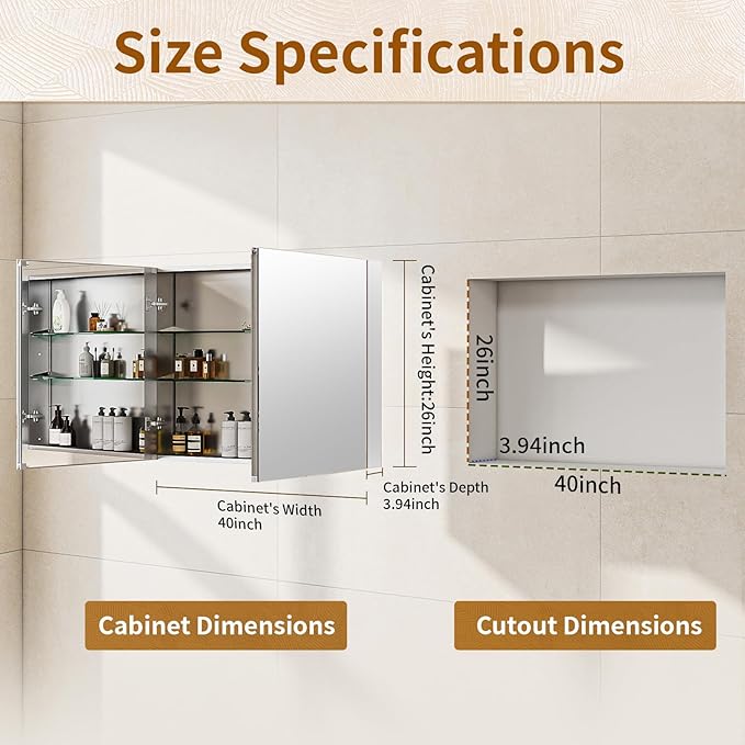 BEAUTYPEAK 40 x 26 Inch Medicine Cabinet with Mirror, Wall Mounted Bathroom Mirror Cabinet, Medicine Cabinet Mirror with Storage & Adjustable Shelves