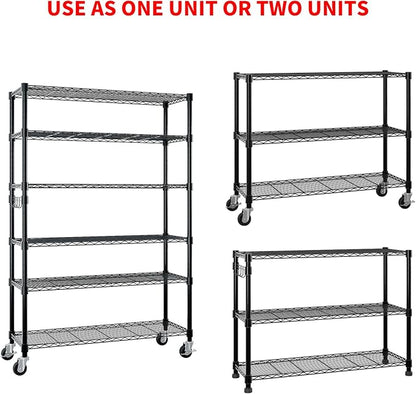 6 Tier Storage Racks Shelving, Heavy Steel Pantry Shelves, Adjustable Wire Shelving Rack with Wheels, Suitable for Garage, Kitchens, Bathroom, Offices, 46" W x 17.7" D x 82" H, Black