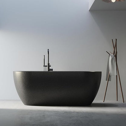 Stone Resin Freestanding Bathtub 63", Terrazzo Bathtub Soaking Tub, Solid Surface Stand Alone Bathtub with Drain & Integrated Slotted Overflow Matte Black AMFS-MY007-BK