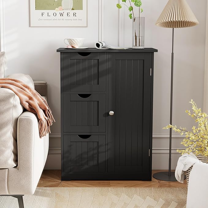 Tangkula Bathroom Floor Cabinet, Freestanding Storage Cabinet with 3 Drawers & Single Door, Adjustable Shelf, Multipurpose Bathroom Storage for Home Office, 23.5 x 12 x 32 Inches (3 Drawers, Black)