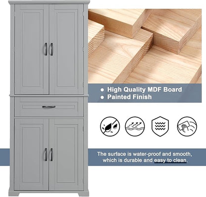 Favfurish 72" Tall Bathroom Storage Cabinet with Doors and Drawer,Modern Linen Cabinets w/Adjustable Shelves & Door Storage Rack,Freestanding Organizer for Bath Room,Study,Office,Kitchen Grey
