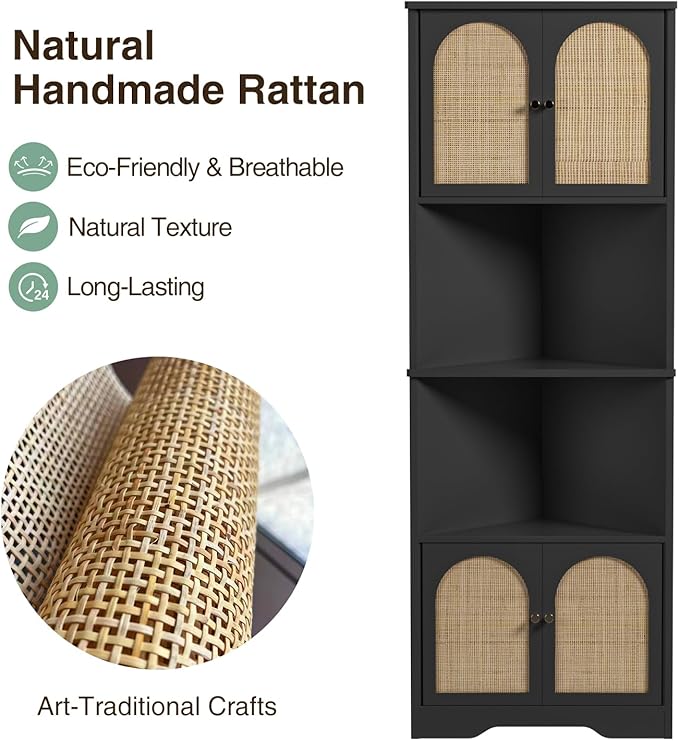 67''H Tall Corner Cabinet with Handmade Rattan Door, Rattan Storage Cabinet with Adjustable Shelves, Corner Bookshelf Space Saver for Barthroom, Kitchen, Living Room, Black