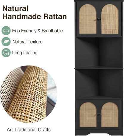 67''H Tall Corner Cabinet with Handmade Rattan Door, Rattan Storage Cabinet with Adjustable Shelves, Corner Bookshelf Space Saver for Barthroom, Kitchen, Living Room, Black