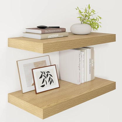 Vivelove 12 Inch Deep Floating Shelves 24 inch Long, 24 x 12 Wide Wall Shelves with Invisible Brackets, Shelf for Bedroom Bathroom Living Room Kitchen Office Home Decor, Modern Shelf Set of 2, Oak