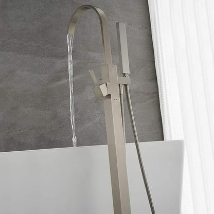 Freestanding Bathtub Faucet Tub Filler Brushed Nickel Waterfall Floor Mount Faucets Single Handle with Hand Shower