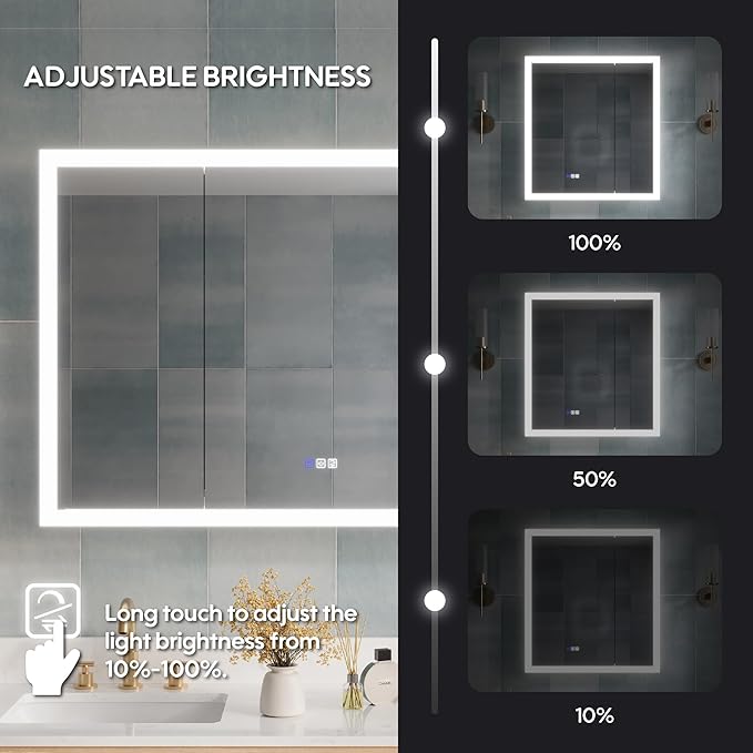 WELLFOR 48 x 32 Inch LED Medicine Cabinet with Lights, 3X Magnification Makeup Mirror, Bathroom Vanity Mirror Cabinet with Storage, Defogging Function, LED Medicine Cabinet Mirror, Three Opening Doors