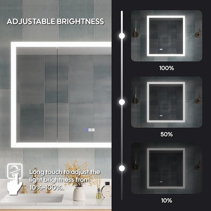 WELLFOR 48 x 32 Inch LED Medicine Cabinet with Lights, 3X Magnification Makeup Mirror, Bathroom Vanity Mirror Cabinet with Storage, Defogging Function, LED Medicine Cabinet Mirror, Three Opening Doors