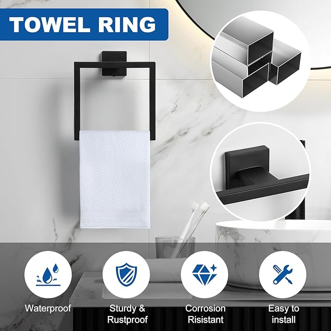 Cilee 15-Pieces Bathroom Hardware Set - Matte Black Bathroom Accessories, 24 Inch Towel Bar, Square Towel Ring, Toilet Paper Holder, Towel Hook, Wall-Mounted Stainless Steel Towel Bar Rack Set