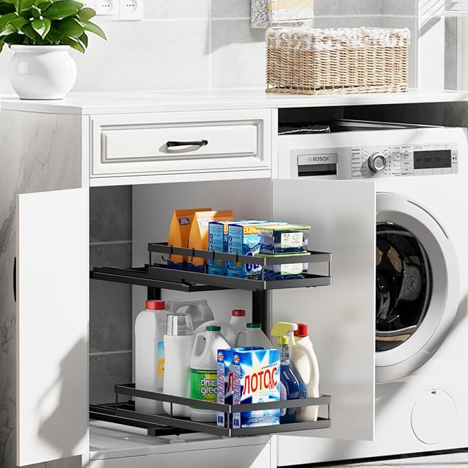 Under Sink Organizer, JCYLQ Dual-Rail Ball-Bearing, Under Kitchen Sink Organizer, 6-Level Adjustable, Under Cabinet Storage, No-Drill Adhesive/Suction, Under Sink Organizers and Storage (1-Pack)