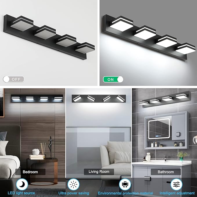 SineRise LED Modern Bathroom Vanity Light Fixtures (4-Light, 30-Inch), Matte Black Modern Acrylic Bathroom Wall Lighting Fixtures Over Mirror (Cool White 6000K)
