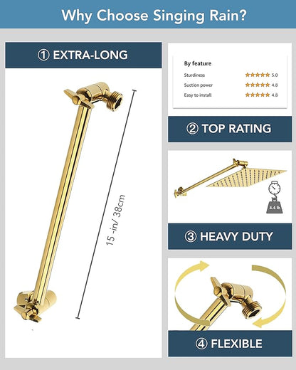 15 Inch Extra Long Adjustable Shower Head Extension Arm With Locking Set Screw, Singing Rain Brass Angle Height Adjustable, Easy To Install, G1/2 Universal Connector Compatible (Egyptian Gold)