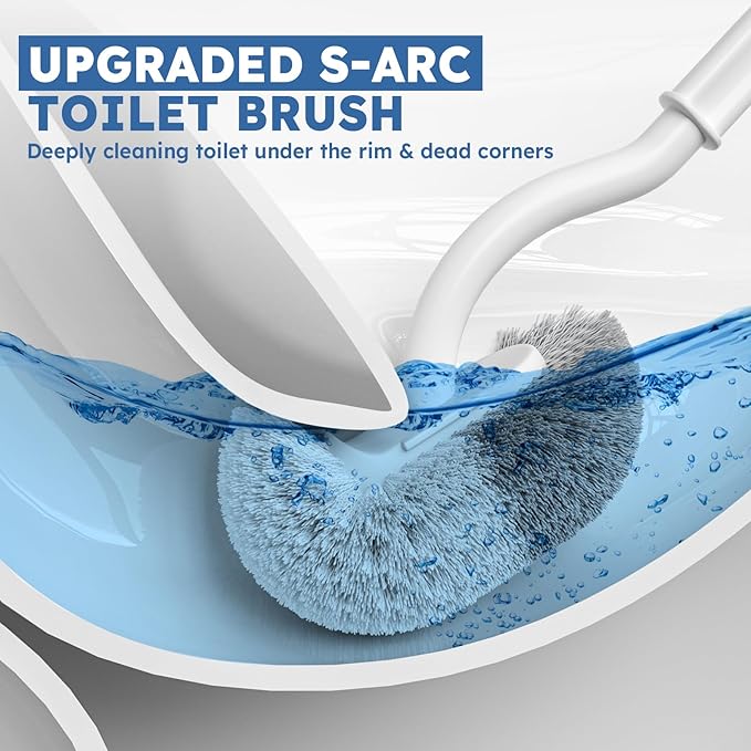 Toilet Brush, 2 Pack Toilet Brush and Holder Set with Durable Curved BristlesToilet Scrubber, Toilet Bowl Brush with Extra Long Handle,Toilet Cleaner with Caddy for Bathroom Deep Cleaning (2, White)