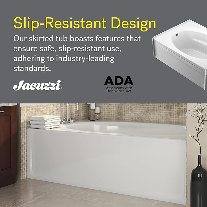 JACUZZI SIGNATURE Acrylic Skirted Soaking Bathtub, Slip Resistant, Right Drain Placement, 60” (L) x 42” (W), Oval in Rectangle Design, White