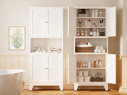 Metal Storage Cabinet, 69" Tall Bathroom Cabinets with 4 Doors & 3 Adjustable Shelves Large Cupboard, White Metal Pantry Cabinets for Kitchen, Home Office, Garage, Warehouse