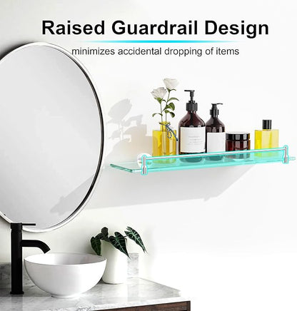 20 Inches Glass Shelves for Bathroom, Chrome Polished Floating Glass Shelf Stainless Steel Tempered Glass Bathroom Shelves for Wall Mount Modern