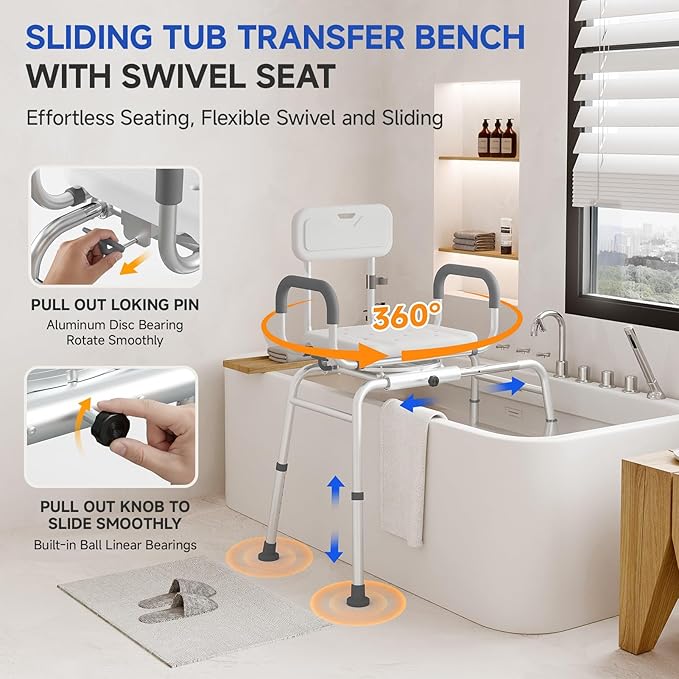 Sliding Shower Chair with Swivel Seat, Tub Transfer Bench for Elderly & Disabled, Adjustable Shower Chair with Arms & 350lb Capacity