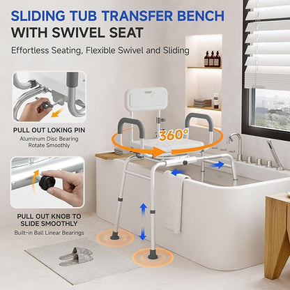 Sliding Shower Chair with Swivel Seat, Tub Transfer Bench for Elderly & Disabled, Adjustable Shower Chair with Arms & 350lb Capacity