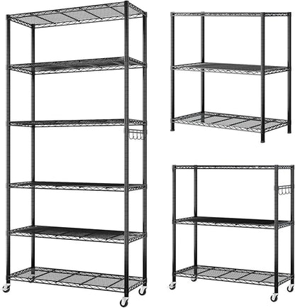 6 Tier Storage Racks Shelving, Heavy Steel Pantry Shelves, Adjustable Wire Shelving Rack with Wheels, Suitable for Garage, Kitchen, Bathroom, Office, 35" W x 16" D x 73" H, Black