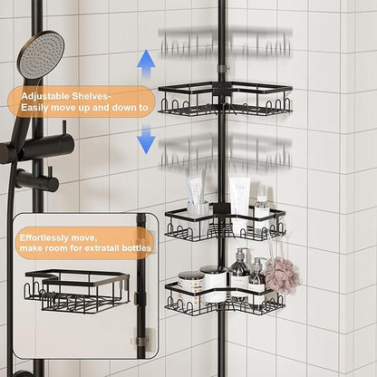 Corner Shower Caddy Tension Pole - 4-Tier Shower Corner Shelf for Bathtub Bathroom Shower Organizer - Adjustable 34in-120in, Space Saving Bathtub Accessory Shelves, Black