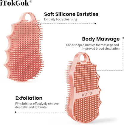 Silicone Body Scrubber Silver-Infused Dual-Sided 3-in-1 for Shower, Body Cleaning+Massage+Exfoliator Body Brush Buffer for Men and Women, Silicone Loofah, Non-Slip Handle (Pink)