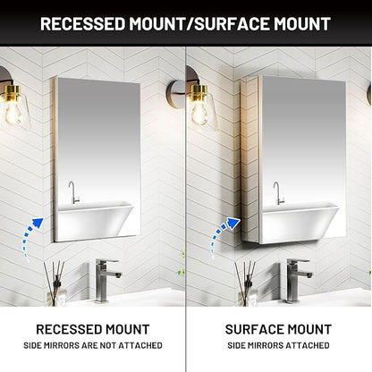 16 x 24 Medicine Cabinet Mirror for Bathroom,Assembly Required,Aluminum Alloy Frame,Recessed/Surface Mounted,Reversible L/R Door,Adjustable Shelves,Bathroom Medicine Cabinet with Mirror