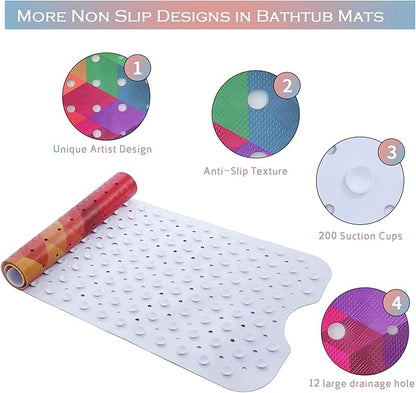 Rainbow Bathtub Mat Non Slip for Kids 40x16 Extra Long Geometry Modern Art Bath Mat for Tub Anti Slip 3D Cubic Abstract Bath Shower Mat with Large Drain Holes and Suction Cups Colorful Bathroom Decor