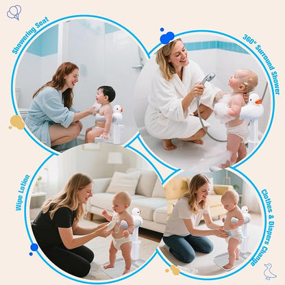 Adjustable Baby Shower Stand Support - Safety & Non-Slip Baby Bath Stand, Toddler Shower Stand for Infants 6-36 Months, Standing Bathtub Max 55 Lbs Capacity, Includes Shower Cap and Stool(Grey)