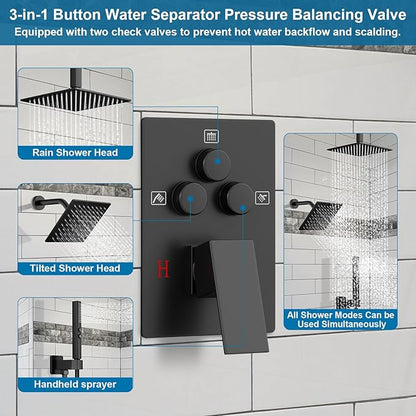 Shower Faucet Set Matte Black Shower System, Ceiling Mount 10 Inch Shower Head With Wall Mount 6 Inch Shower Head and 2 in 1 Handheld Spray, Push Button Diverter Shower Valve Trim Kit Complete