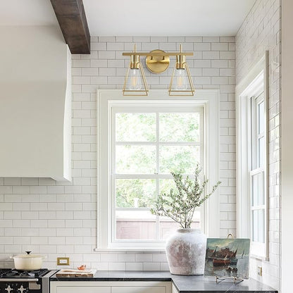 Industrial Bathroom Vanity Lights: 2-Lights Brush Gold Vintage Metal Cage Wall Sconces - Rustic Farmhouse Lightning Fixture Over Mirrors Cabinet for Dressing Hallway