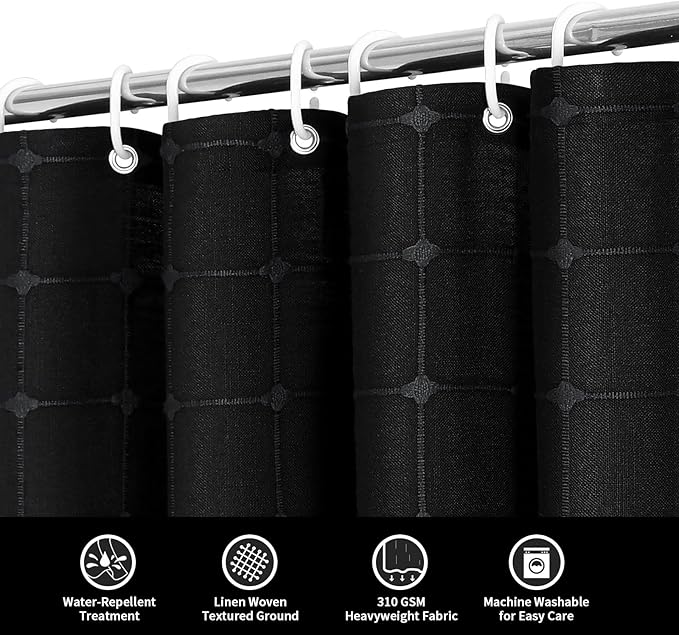 MitoVilla 72 x 78 Black Farmhouse Shower Curtain Set, Boho 78 inch Long Polyester Linen Tassel Fabric Shower Curtain Set for Chic Cottagecore French Rustic Bathroom Decor