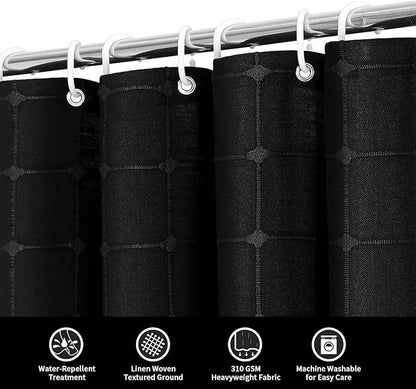MitoVilla 72 x 78 Black Farmhouse Shower Curtain Set, Boho 78 inch Long Polyester Linen Tassel Fabric Shower Curtain Set for Chic Cottagecore French Rustic Bathroom Decor
