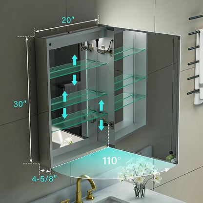 WELLFOR 20" X 30" LED Medicine Cabinet with Mirror, Single Right Opening Door, Recessed or Surface Cabinet Mirror, Bathroom Mirror Cabinet, Medicine Cabinet with Lights with Outlets & USB Ports