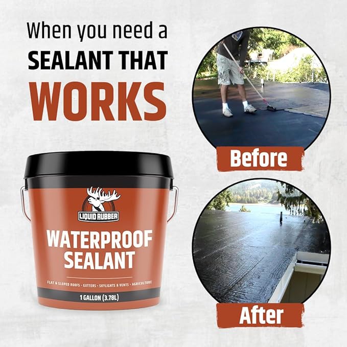 Liquid Rubber Waterproof Sealant - Waterproof Leak Repair Coating, Multi-Surface Rubber Paint, Durable Sealant for Roofs, Kit Includes- Black 5 Gallon Sealer, Caulk 10.2 oz 4 Pack, Seam Tape 4" x50'