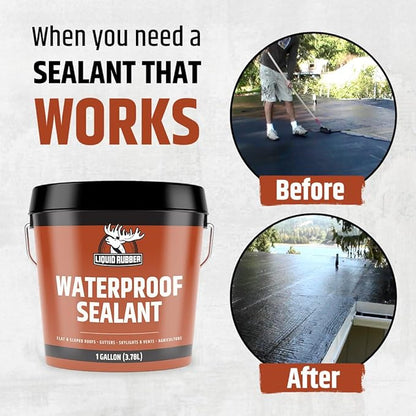 Liquid Rubber Waterproof Sealant - Waterproof Leak Repair Coating, Multi-Surface Rubber Paint, Durable Sealant for Roofs, Kit Includes- Black 5 Gallon Sealer, Caulk 10.2 oz 4 Pack, Seam Tape 4" x50'