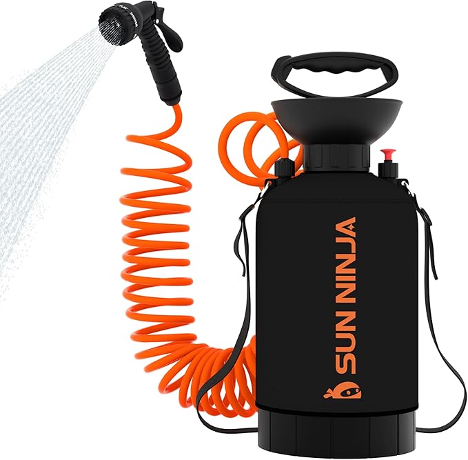 SUN NINJA Portable Shower, Camping Shower with 7 Mode Shower Head, Neoprene Cover Helps Keep Water Warm, High Pressure Hose, Easy to Carry