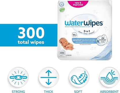 WaterWipes Sensitive+ Newborn & Baby Wipes, 3-In-1 Cleans, Cares, Protects, 99.9% Water, Unscented & Hypoallergenic, 300 Count (5 Packs)