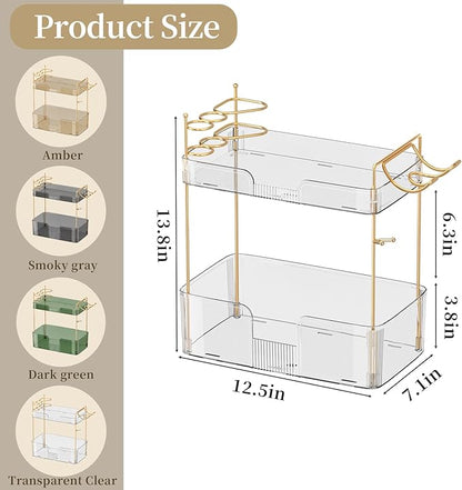 2-Tier Bathroom Counter Organizer with Hair Dryer Holder, Modern Style, Cosmetics & Skincare Shelf Organizer