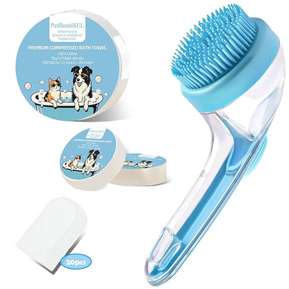 2025 New Dog Bath Brush with Built-in Shampoo Dispenser - 4-in-1 Pet Grooming Kit | Includes 20 Disposable Finger Wipes, 1 Compressed Bath Towel, 2 Body Wipe Compressed Tablets