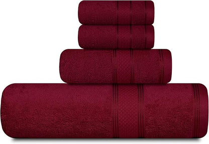 Casa Lino 4 Piece Bath Towel Set | 1 Bath Towel, 2 Wash Cloth, 1 Hand Towels | Bathroom Essentials for New Home, 100% Cotton Luxury Towels, Highly Absorbent Bathroom Set, Burgundy.