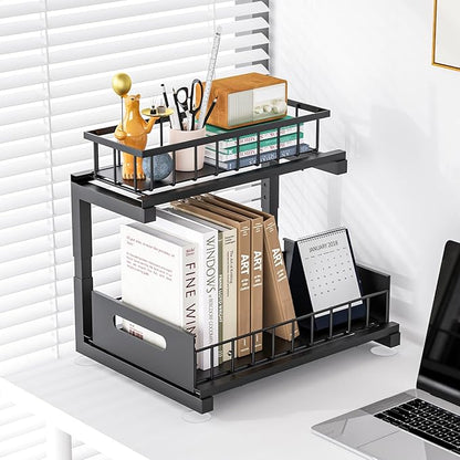 Under Sink Organizer, Heavy Duty Metal Slide Out Sink Shelf Organizer Height Adjustable, Multi-Purpose Storage Shelf for Kitchen Bathroom (Black,1Pack)