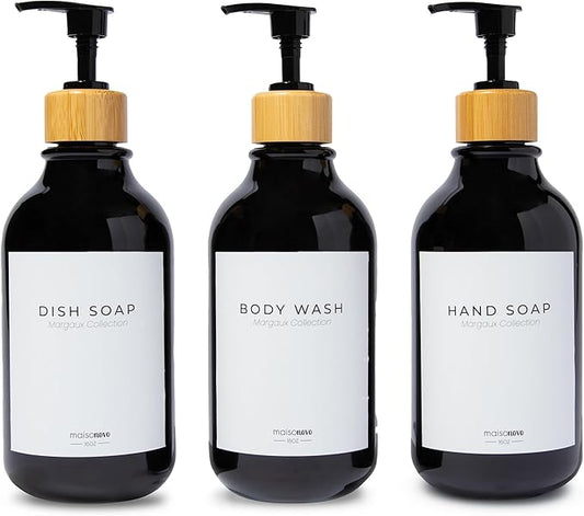 MaisoNovo Refillable Shampoo and Conditioner Bottles | 16.9 fl oz Set of 3 Black Plastic Bottles Black Bamboo Pumps