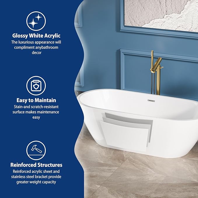 Sarlai 67 Inch Acrylic Freestanding Soaking Bathtub Contemporary Soaking White Tub Stand Alone Ergonomic Bathtub with Chrome Drain and Overflow