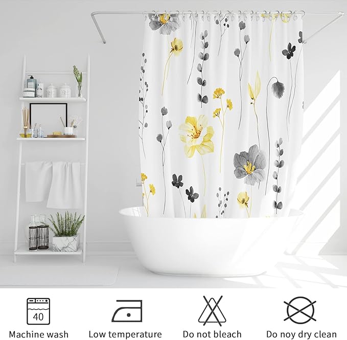 Gibelle Yellow and Grey Floral Shower Curtain, Watercolor Flower Shower Curtain for Bathroom, Modern Minimalist White Waterproof Fabric Shower Curtain Set 72x72 Inch