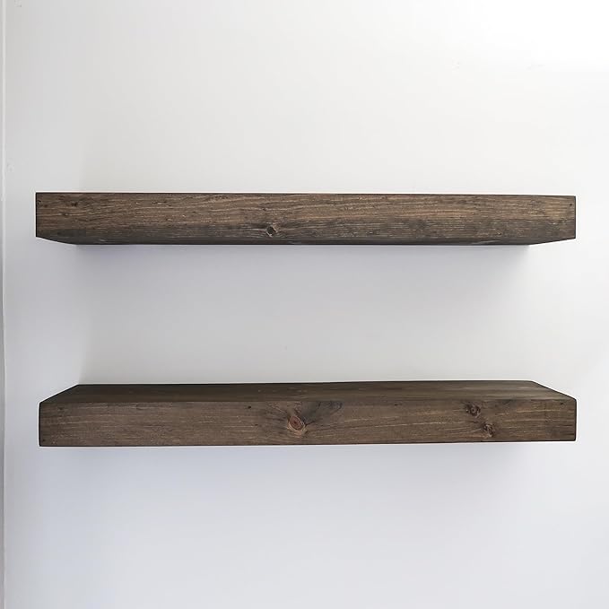 Urbandi Modern Floating Shelves 3 Inches Thick for Wall, Wide Shelves for Kitchen, Living Room, Bedroom, and Bathroom, Natural Pine Wood, Rustic Wooden Shelf, (Set of 2) (Jacobean, 36Lx3Hx8D)