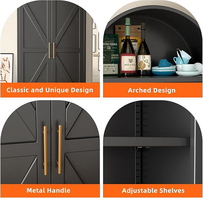 73'' Tall Metal Arched Cabinet, Modern Black Arch Bookshelf Display Cabinet with Doors/Shelves/Internal Drawers for Home Office Kitchen Bar Living Room